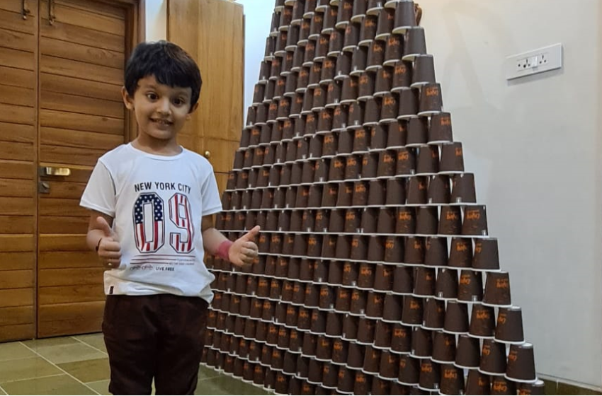  Young Prodigy Mourya Milan Soni Builds Tallest 25-Level Pyramid Using 325 Paper Glasses